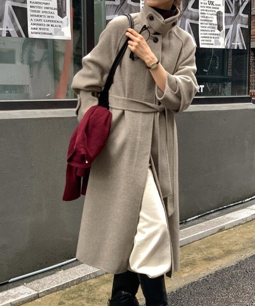 コート アウター スタンドカラーベルト付きロングコート レディース