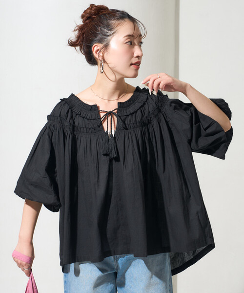 ブラウス シャツ 限定展開　インド フリル スキッパー ブラウス レディースの画像