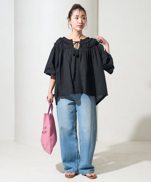 ブラウス シャツ 限定展開　インド フリル スキッパー ブラウス レディースの画像