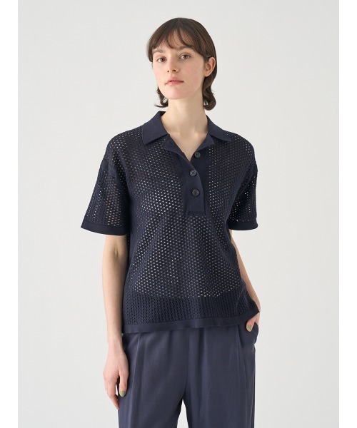 ジョンスメドレー　JOHN SMEDLEY ポロニット　透かし編み　アイボリー JOHN SMEDLEY（ジョンスメドレー） ポロシャツ ポロ コットン透かし