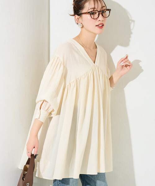 未使用に近い♡ポンヌフ 1 チュニック ブラウス 七分丈 フリル  ベージュ FREAK'S STORE（フリークスストア） ブラウス シャツ 限定展開 前後