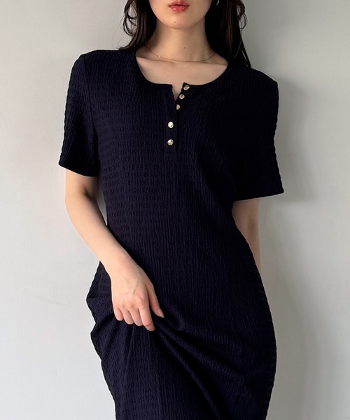 【LEONARD】レースアップネック ブラックワンピース 半袖 JUNOAH（ジュノア） ワンピース 半袖 ヘンリーネックストレッチ