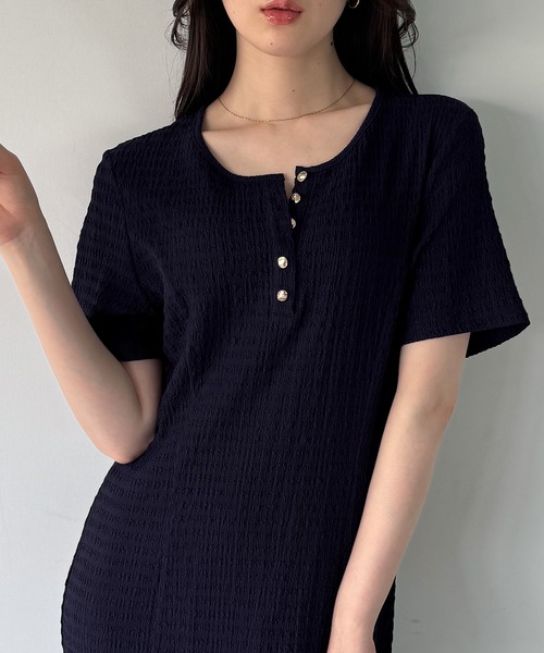 JUNOAH（ジュノア） ワンピース 半袖 ヘンリーネックストレッチ
