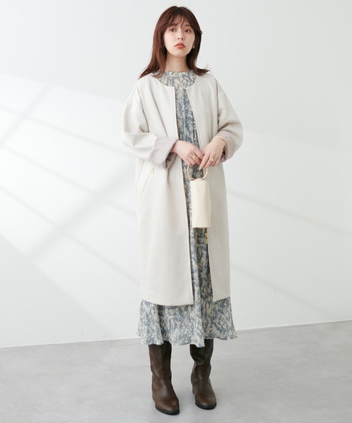 natural couture しっとり生地で高見え！袖口配色ノーカラーお上品  