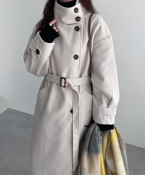 andme コート アウター フェイクウールスタンドカラーロング