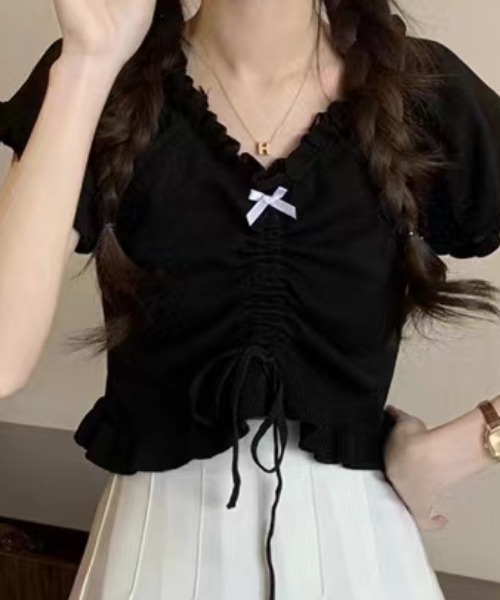tシャツ フリルデザインフロントシャーリングリボン半袖トップス