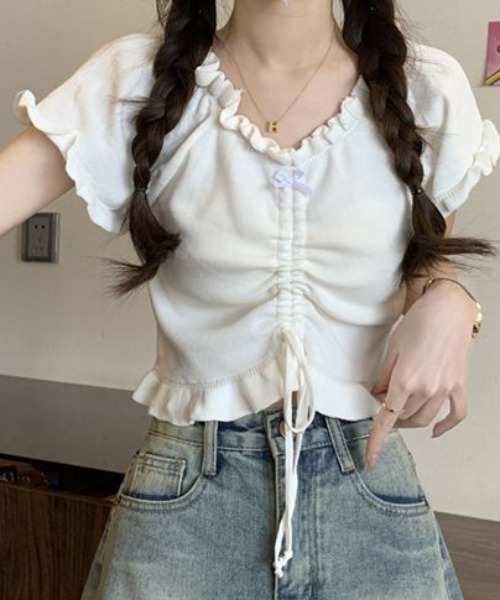 tシャツ フリルデザインフロントシャーリングリボン半袖トップス