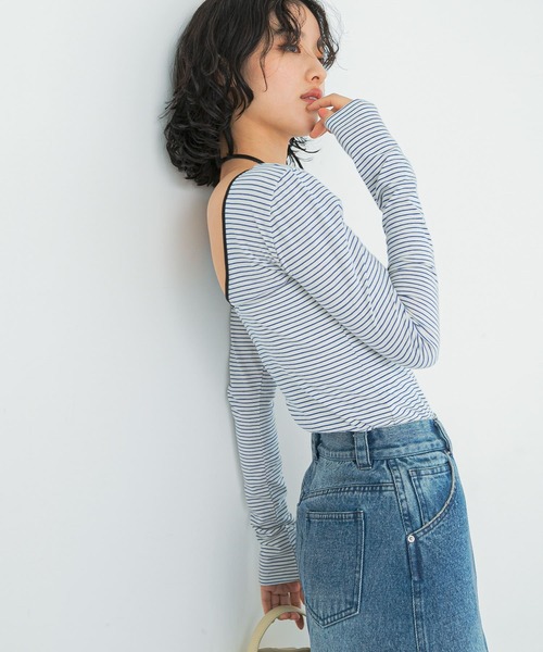 tシャツ GREEN BUTTER　Two-way Stripe Patch T-shirts レディース