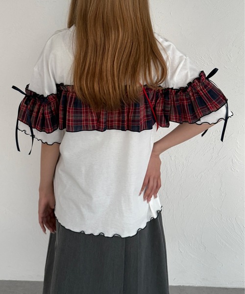 tシャツ チェックドッキングＴシャツ「CLEAR_CREA」 レディース kutir tシャツ チェックドッキングフリルリボンTシャツ