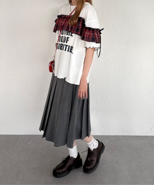 tシャツ チェックドッキングＴシャツ「CLEAR_CREA」 レディース kutir tシャツ チェックドッキングフリルリボンTシャツ