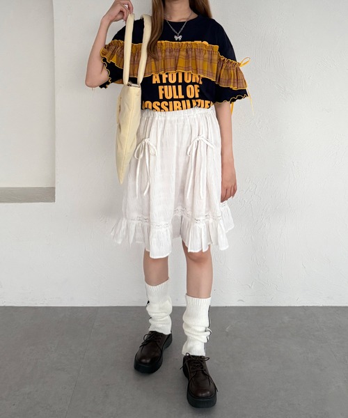 kutir tシャツ チェックドッキングフリルリボンTシャツ