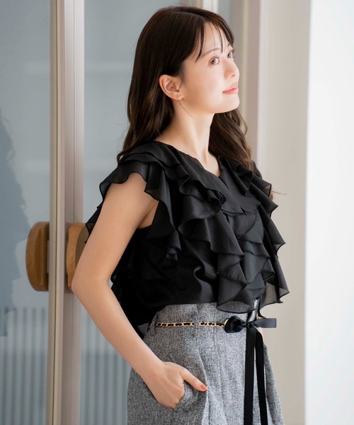 ブラウス シャツ ノーカラーラッフルフリルブラウス レディース Noela ブラウス シャツ ラッフルフリルブラウス レディース