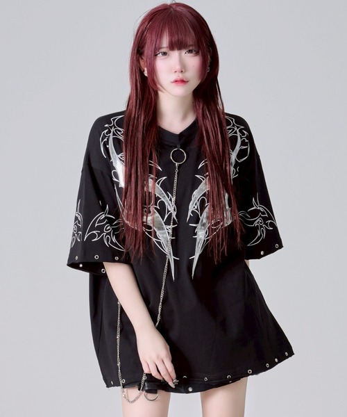 tシャツ 「REFLEM/レフレム」チェーン付きトライバルTシャツ/ハーフスリーブカットソー レディース メンズ