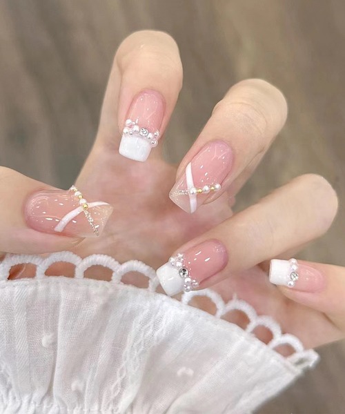 Lace Ladies ネイルチップ ネイルシール クロス パール スクエア