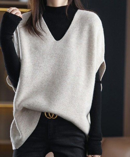 SEU ベスト ジレ ドロップショルダー ノースリーブ Vネック ニット