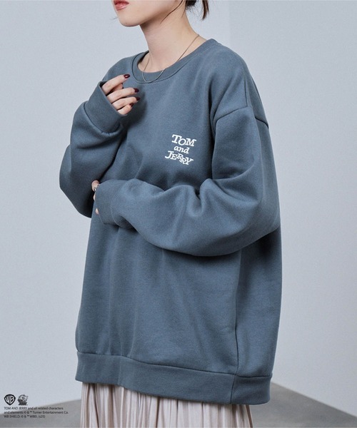 L Aサガラ刺繍☆トレーナーカットソー青 L&amp;カットデニムset青 L 大きいサイズ レディース サガラ刺繍ロゴワッペンボリューム袖ニット