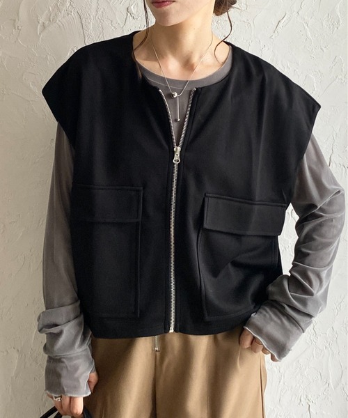 She's Closet ベスト ジレ ショート丈フラップポケット付きフロント
