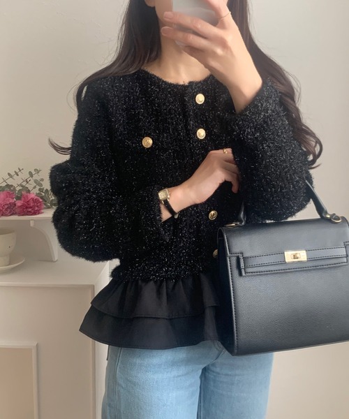 【グレー】ペプラムツイードニットトップス JUNOAH｜ペプラムツイードニットトップス | Rakuten Fashion(楽天