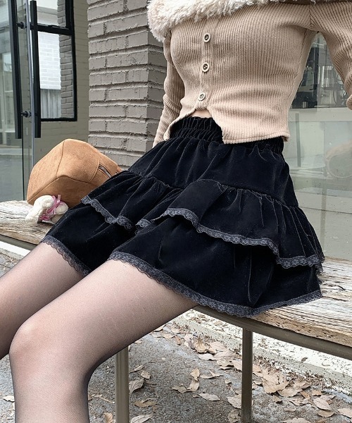 スカート Aライン フリフリ レースベロア ダブルレイヤード : ZOZOTOWN