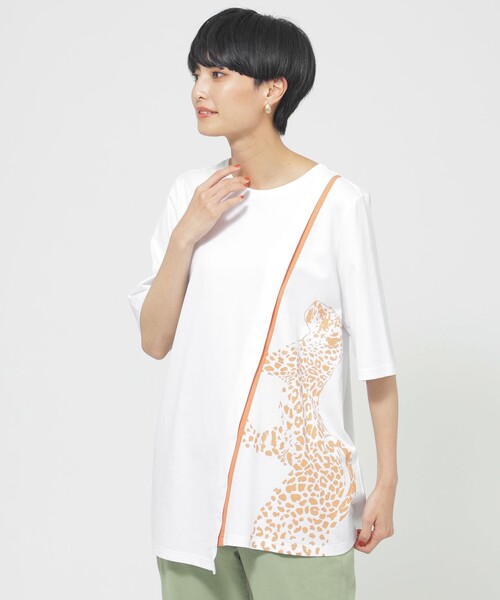 tシャツ 「接触冷感」「ウォッシャブル」ラインパンサープリントチュニックカットソー レディース