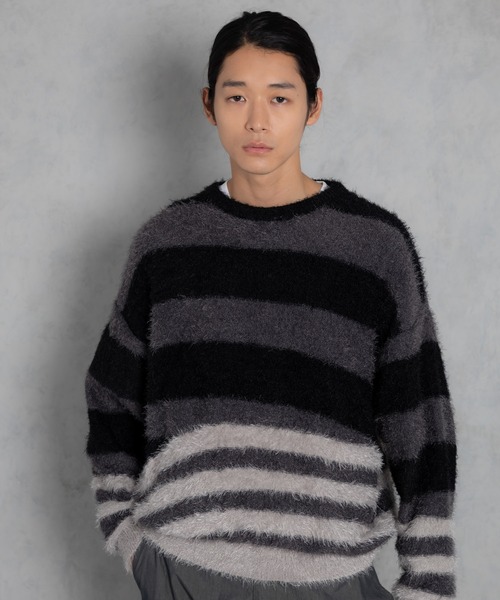 ニット セーター ADAMPATEK/shaggy distorted stripes crew knit/シャギーボーダー切替ニット(AP24210