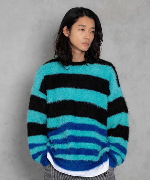 ニット セーター ADAMPATEK/shaggy distorted stripes crew knit/シャギーボーダー切替ニット(AP24210 ADAM PATEK ニット セーター ADAMPATEK/shaggy distorted