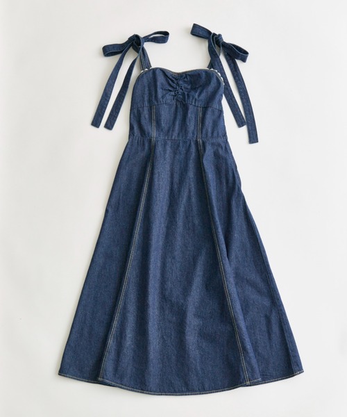 OLIVE des ワンピース 肩リボンデニムキャミワンピース
