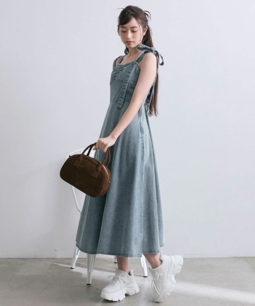 OLIVE des ワンピース 肩リボンデニムキャミワンピース