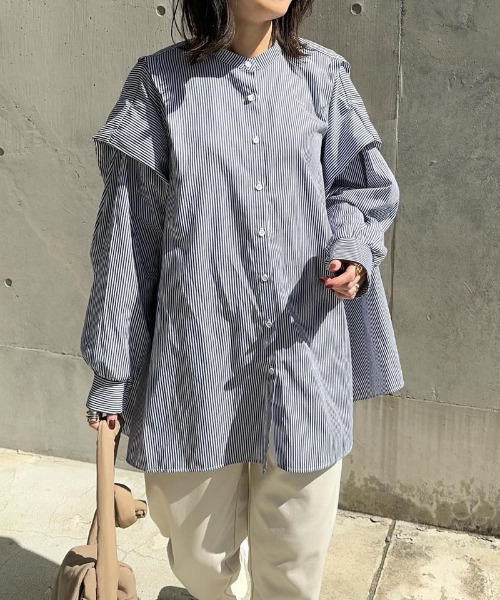 ブラウス シャツ バックドレープロングシャツ レディース ブラウス シャツ ショルダータックドレープシャツ レディース