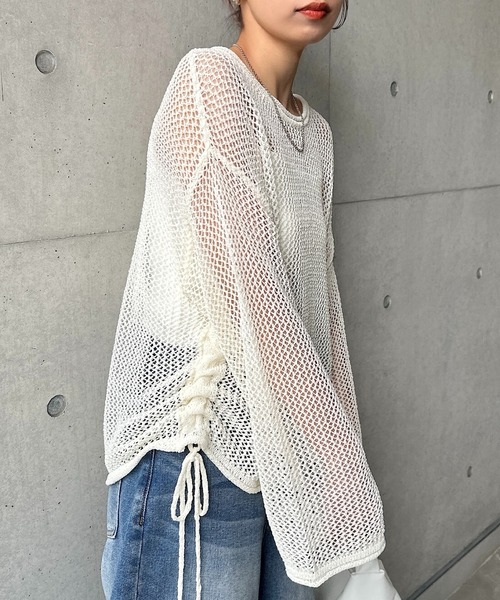 Freesia ニット セーター サイドギャザーリボンメッシュニットトップス