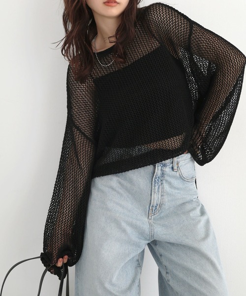 Freesia ニット セーター サイドギャザーリボンメッシュニットトップス