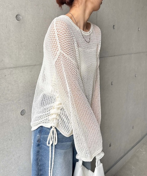 Freesia ニット セーター サイドギャザーリボンメッシュニットトップス