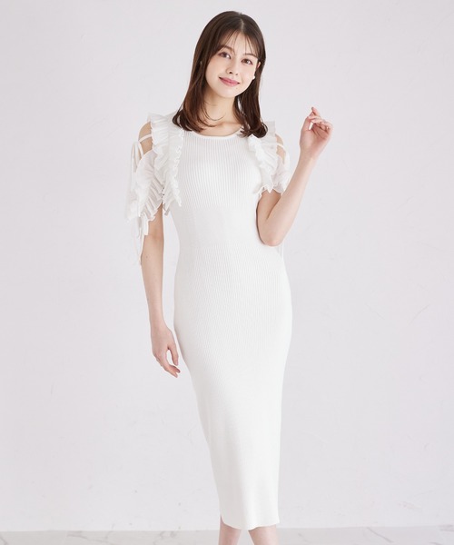 リボン付きシフォンプリーツフリル切り替えリブニットワンピース tocco closet リボン付きシフォンプリーツフリル切り替え