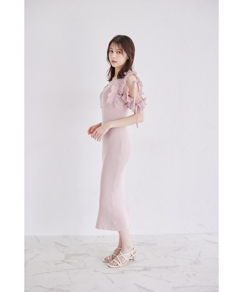 リボン付きシフォンプリーツフリル切り替えリブニットワンピース リボン付きシフォンプリーツフリル切り替えリブニットワンピース
