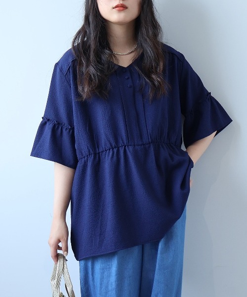 ブラウス シャツ 「L〜5L 大きいサイズ」ドライワッシャーVネック切替えブラウス 半袖 春夏 レディース