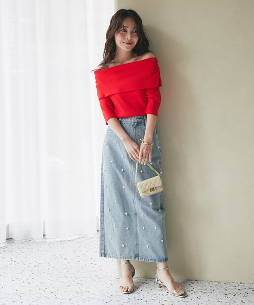 La boutique Bonbon スカート 「名品・復刻」パール付きデニム