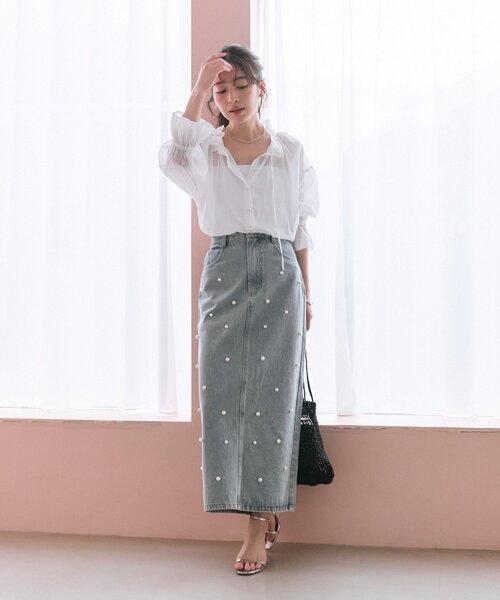 La boutique Bonbon スカート 「名品・復刻」パール付きデニム