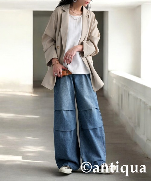 「antiqua」 「patterntorso」加工デニムパンツ LARGE ブルー レディース