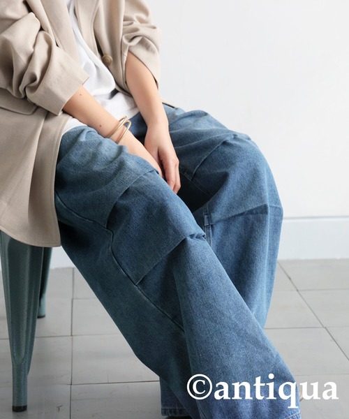 「antiqua」 「patterntorso」加工デニムパンツ LARGE ブルー レディース
