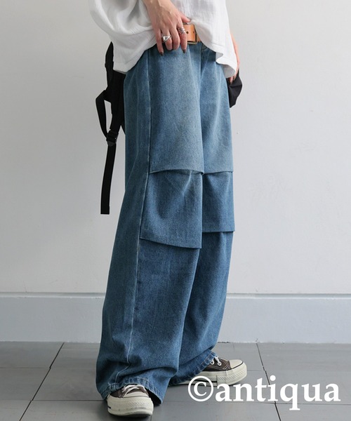 「antiqua」 「patterntorso」加工デニムパンツ LARGE ブルー レディース