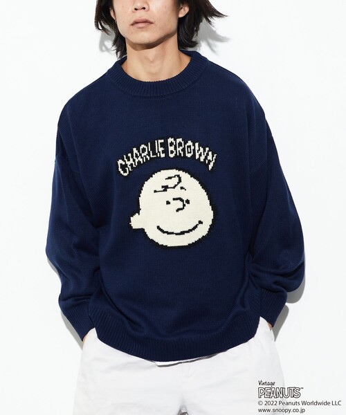 「FREAK'S STORE」 長袖ニット「PEANUTSコラボ」 MEDIUM ネイビー メンズ_画像4