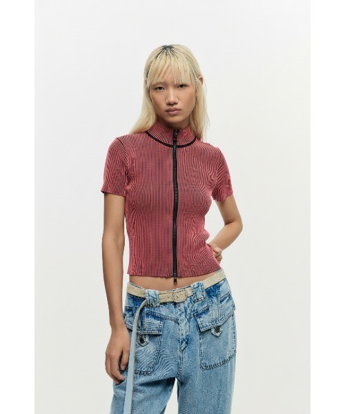 デジグアル　キラキラトップス Desigual（デシグアル） tシャツ ダブルフロントジップハイネック半袖