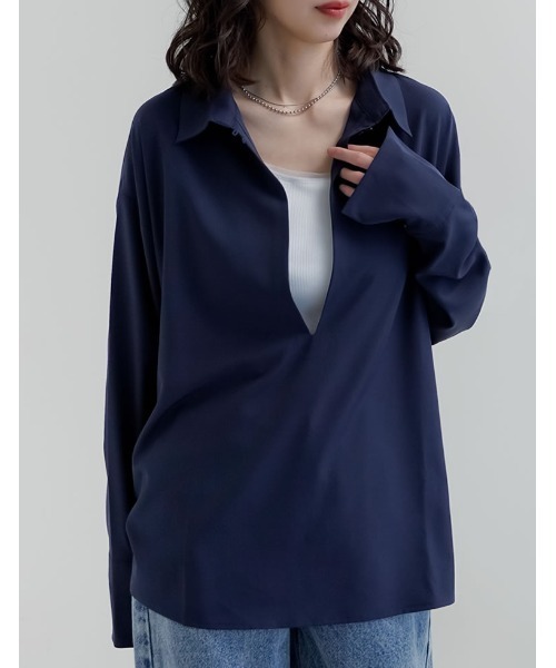 セオリー　スキッパー　シャツ　ネイビー　新品未使用 Re:EDIT（リエディ） ブラウス シャツ ディープVネックオーバーサイズ