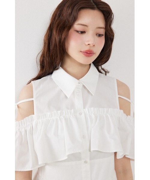 rienda（リエンダ） シャツワンピース オフショルフリルティアードミニ