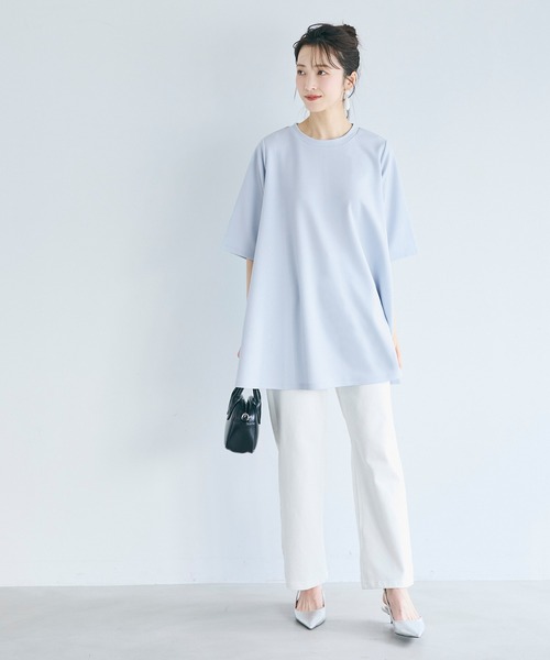 ヨーコチャン Aラインカットソー チュニック 切替 半袖 40 白 ホワイト coca（コカ） tシャツ エンボス加工Aライン半袖チュニック レディース