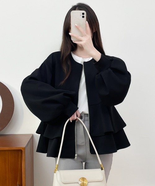 ECLIN ジャケット ノーカラージャケット ダンボールニットフリル