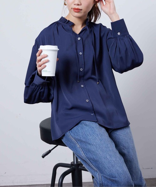 ブラウス シャツ フリルネックギャザーブラウス レディース a.v.v ブラウス シャツ フリルネックギャザーブラウス