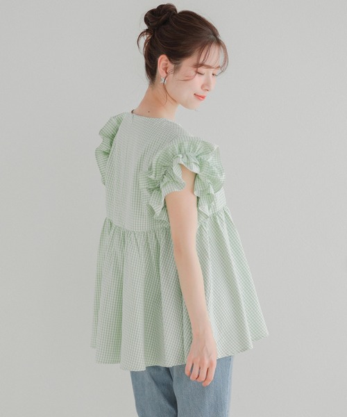 Fit more（フィットモア） ブラウス シャツ 袖フリルギンガムペプラム 