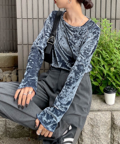 完売品　ベロア　ロンT ブルー feepur（フェピュール） tシャツ シアーベロアロンTee レディース