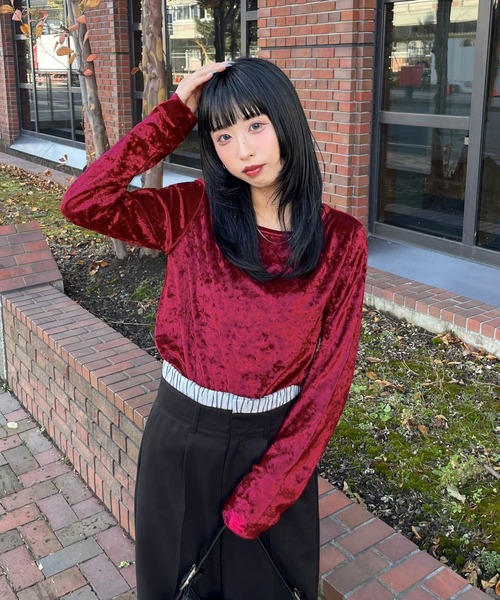 完売品　ベロア　ロンT ブルー feepur（フェピュール） tシャツ シアーベロアロンTee レディース